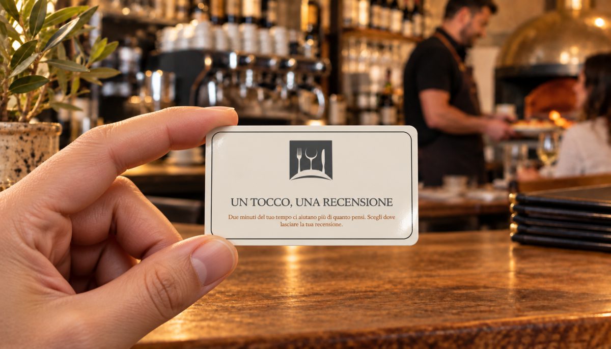 Card plastificata Revioo tenuta in mano davanti al bancone di un ristorante, con logo del locale e claim Un tocco, una recensione