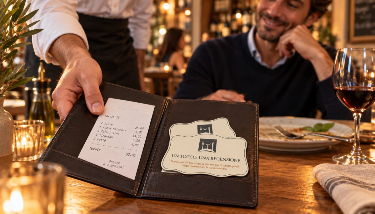 Cameriere che porge il portaconto con lo scontrino e due card in cartoncino Revioo sagomate, al tavolo di un ristorante