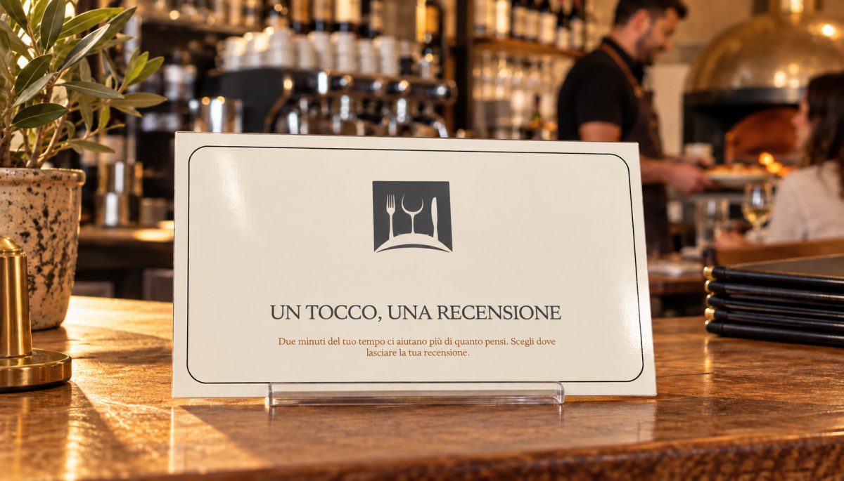 Stand da banco con la card Revioo sul bancone di un ristorante: logo del locale e claim Un tocco, una recensione