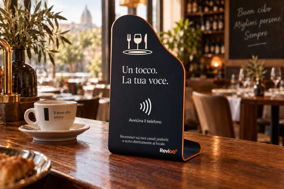 Stand da banco personalizzato, sagomato e con bordo a contrasto, sul bancone di un ristorante: claim Un tocco. La tua voce., simbolo NFC e invito a recensire sui canali preferiti o scrivere al locale