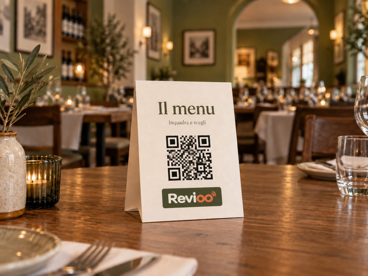 Cavalierino del menu con il codice QR su un tavolo apparecchiato