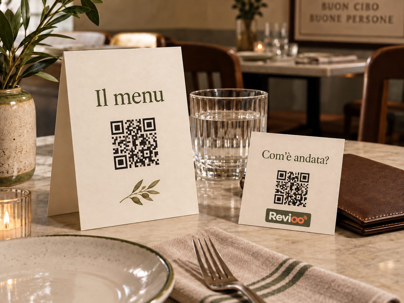 Il cavalierino del menu digitale e la card delle recensioni sullo stesso tavolo