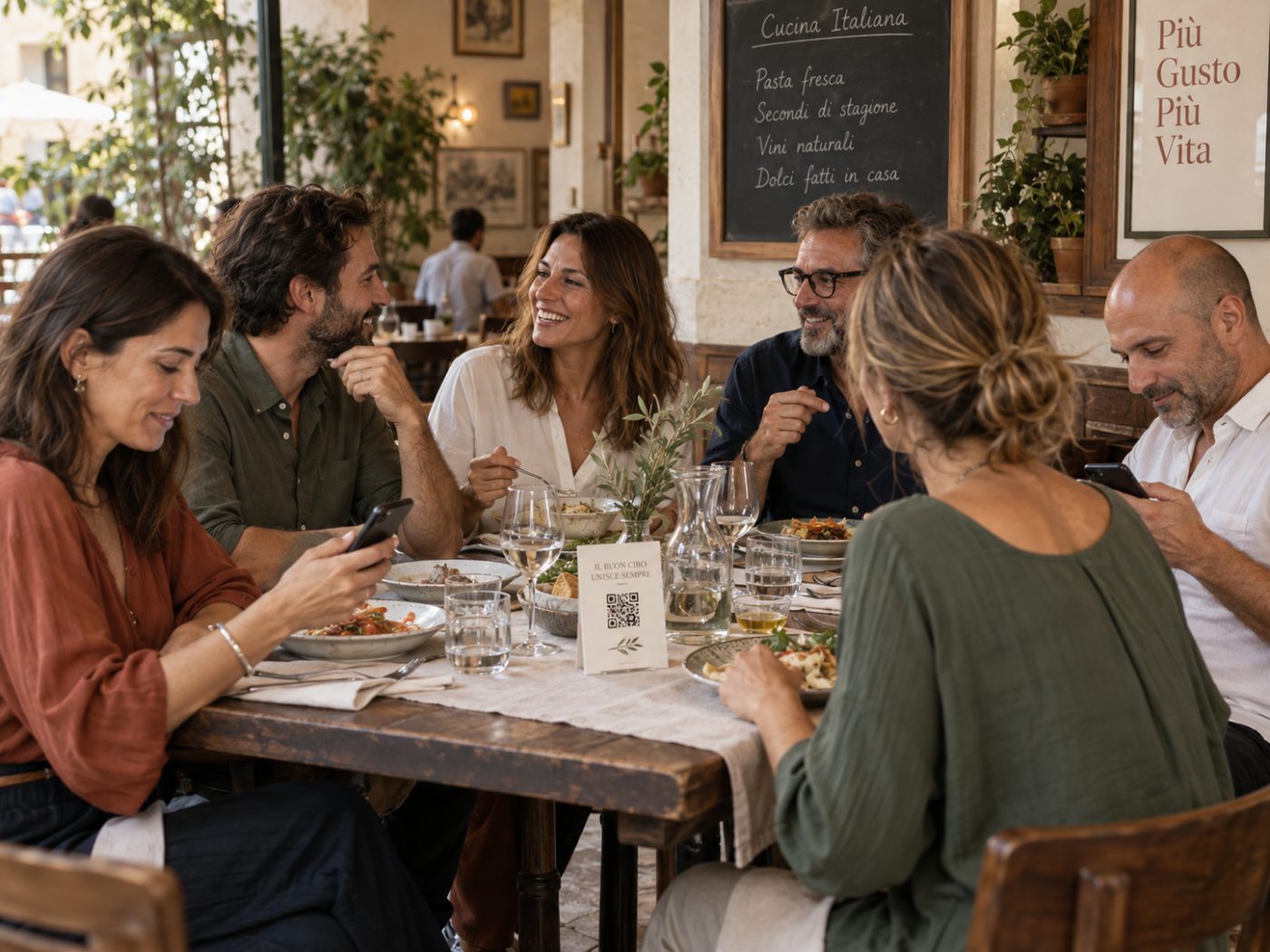 Tavolata di amici che sceglie i piatti dal menu digitale sul telefono