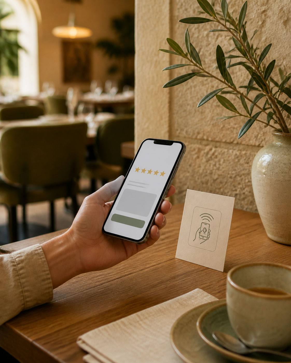 Cliente che avvicina lo smartphone a una card NFC per lasciare una recensione